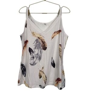 Shein Feather Print Tank Top‎ Sleeveless V Neck Casual Summer Top Size L